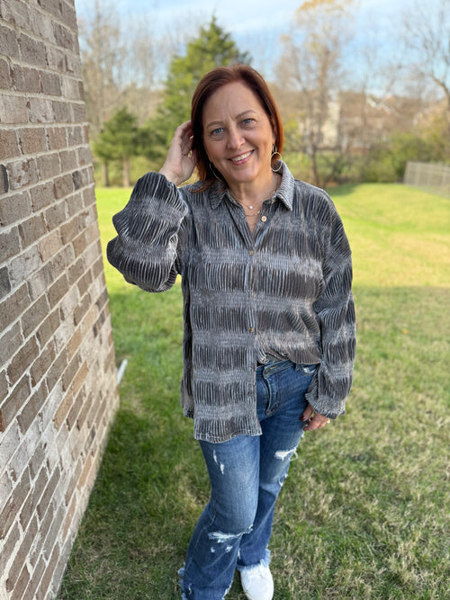 Gunmetal Holiday Season Button Down Top