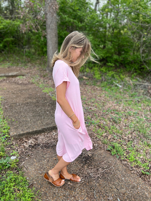 Pink Blissful Strolls Ribbed Dress