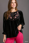 Black Pink Embroidered Velvet Top