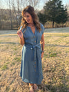 Chambray Spring Flow Belted Button Dress