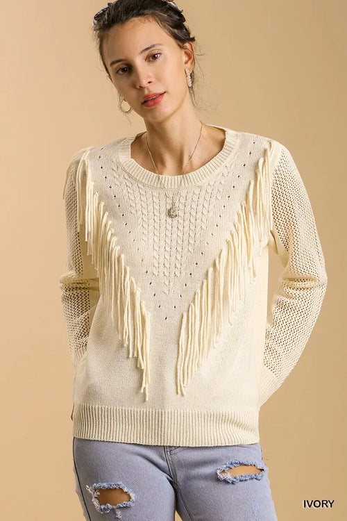 Cream Wild West Fringe Light Weight Sweater