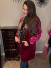 Wine Velvet Blazer With Leopard Detail And Pocket Front