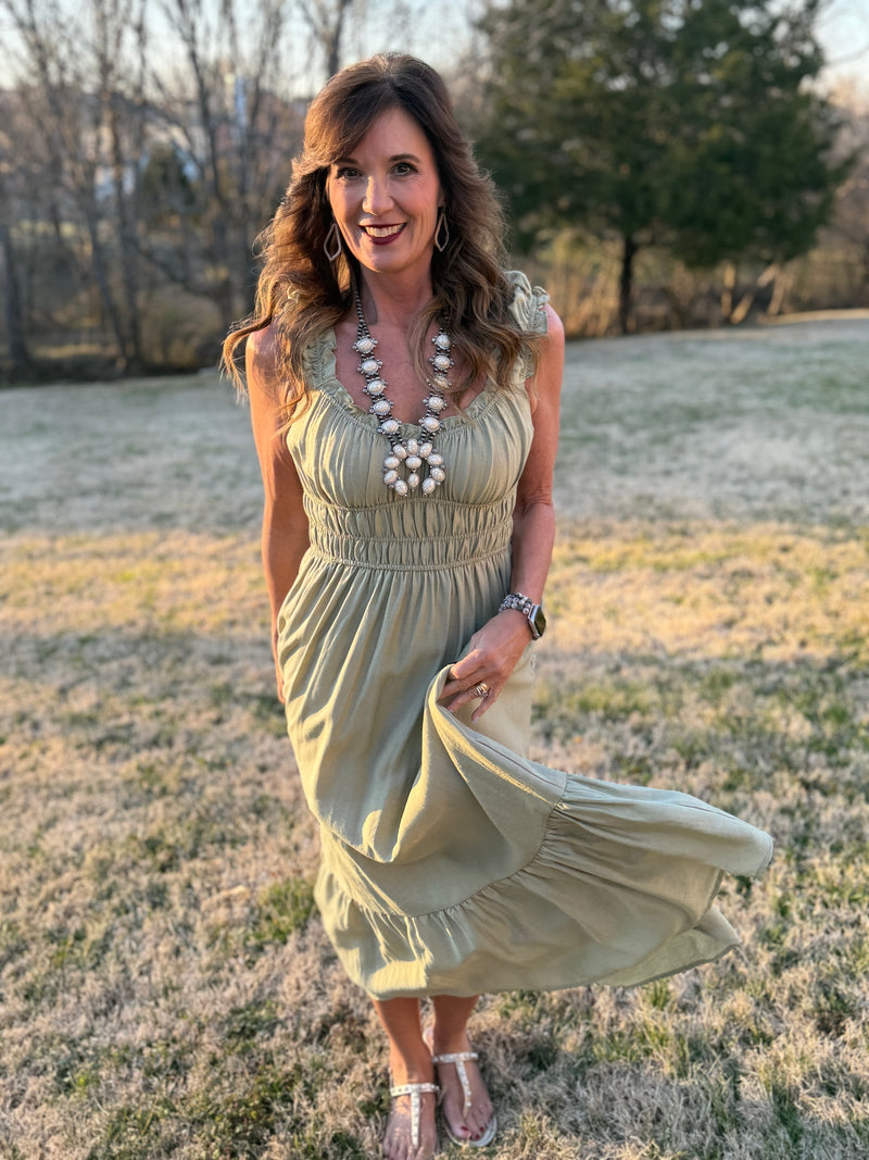 Olive First Kiss Short Slve Midi Dress