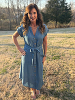 Chambray Spring Flow Belted Button Dress