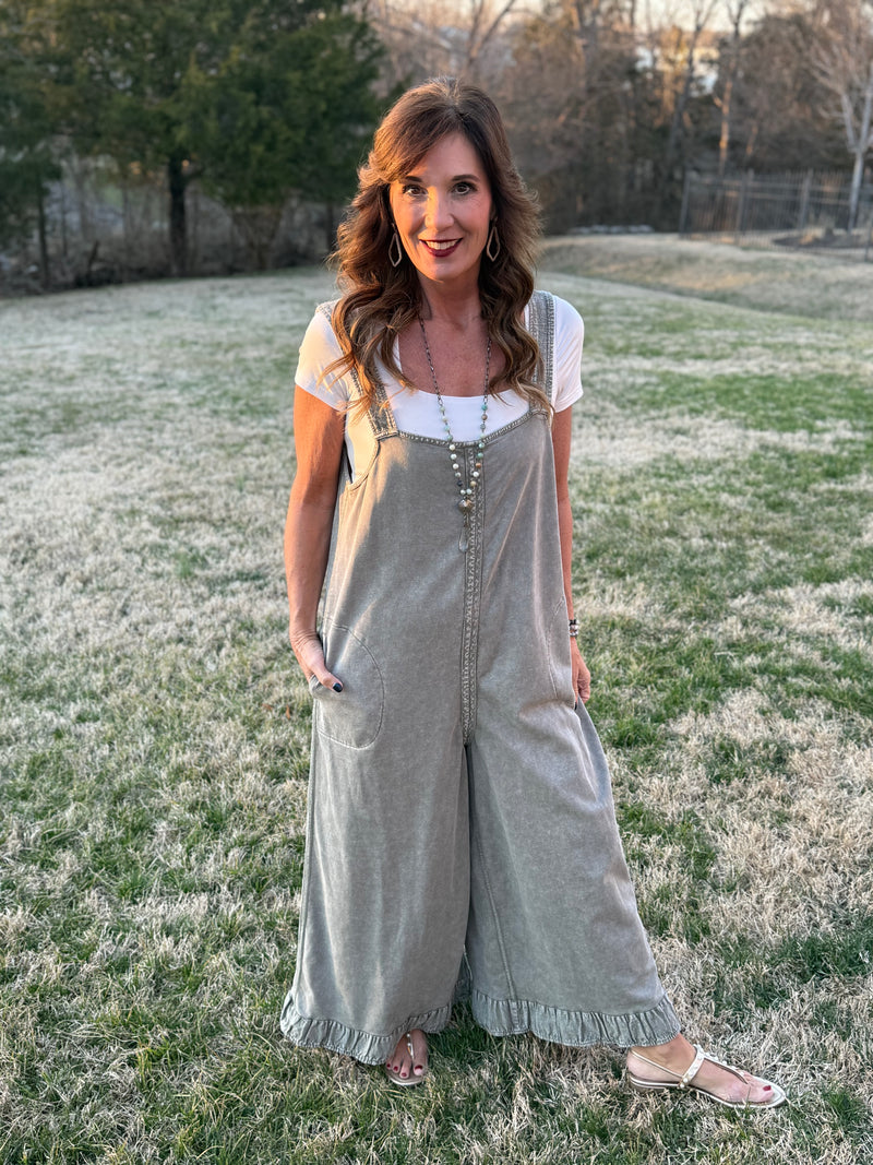 Moss Spring Meadows Jumpsuit With Ruffle Trim