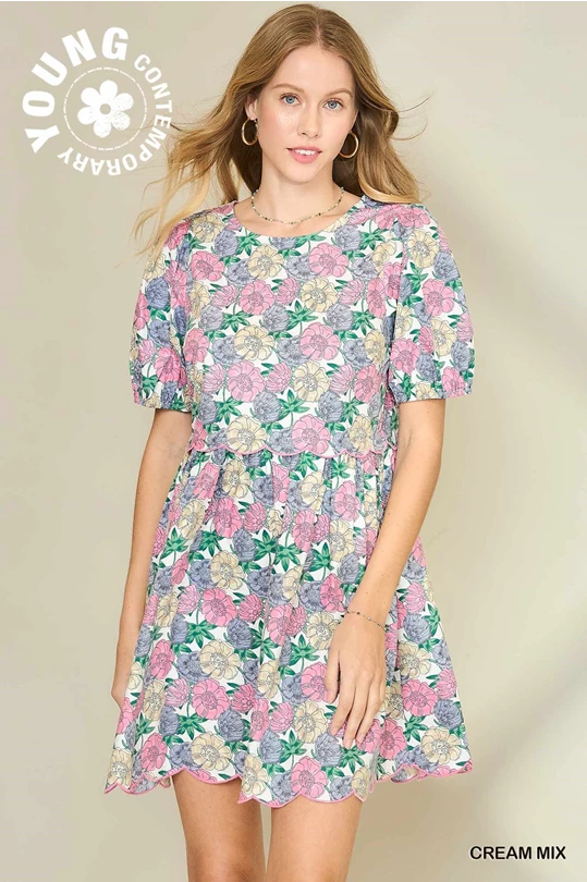 Cream/Blue Time Will Tell Floral Dress