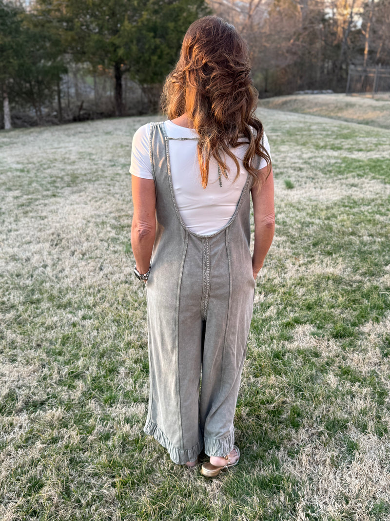 Moss Spring Meadows Jumpsuit With Ruffle Trim