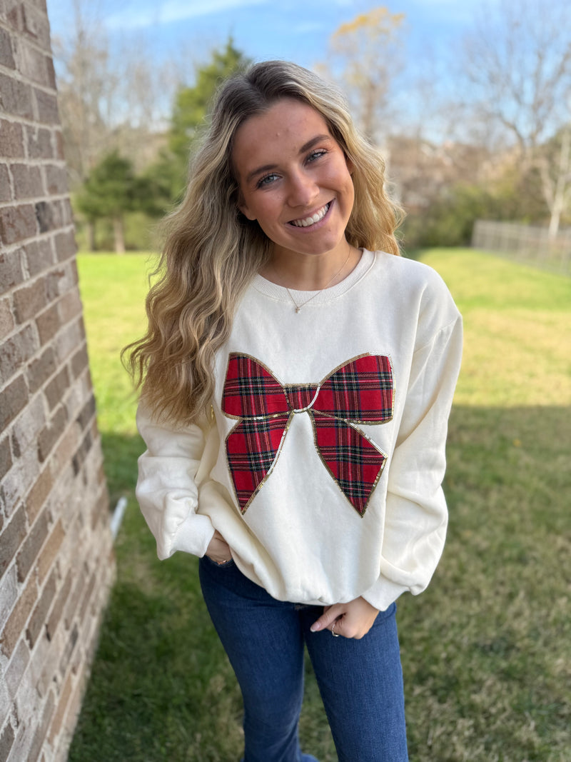 Cream Cross My Heart Plaid Bow Top