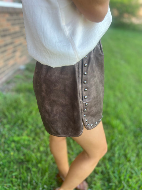 Brown Need A Favor Studded Shorts