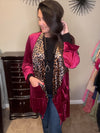 Wine Velvet Blazer With Leopard Detail And Pocket Front