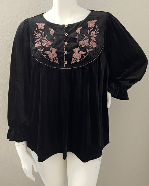 Black Pink Embroidered Velvet Top