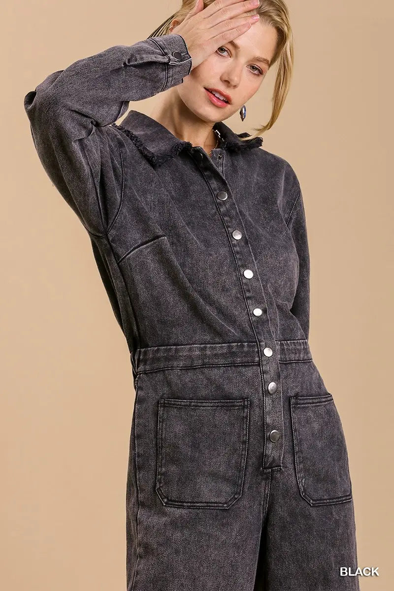 Black Downtown Nights Acid Wash Jumpsuit