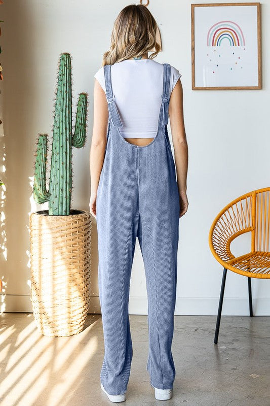 Blue Road Trippin Ribbed Jumpsuit With Adjustable Back