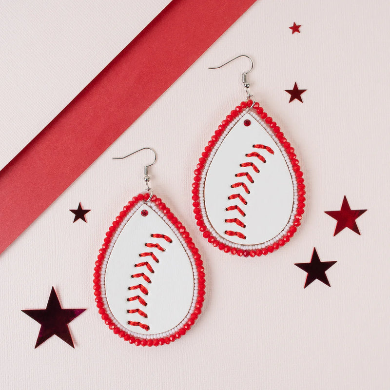 Baseball Leather Earrings W Red Bead