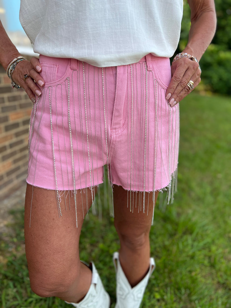 Pink Shimmer Nights Rhinestone Shorts