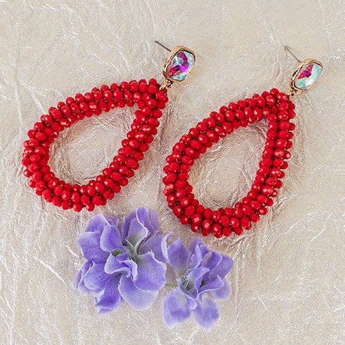 Red Beaded Oval Hoop Earrings