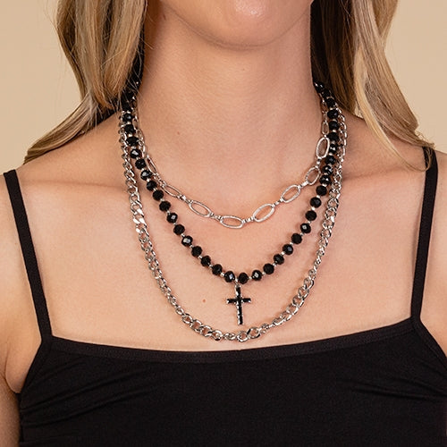 Black Silver Cross 3 layered St Necklace