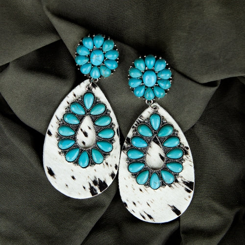 Turquoise Flower Cowhide Statement Earrings