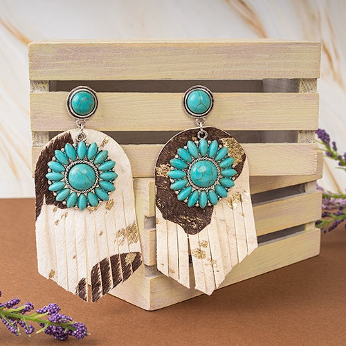 Turquoise Squash Blossom Cow Hide Statement Earrings