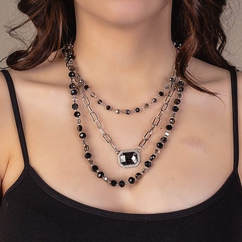 Silver Layered Black Pendent Necklace