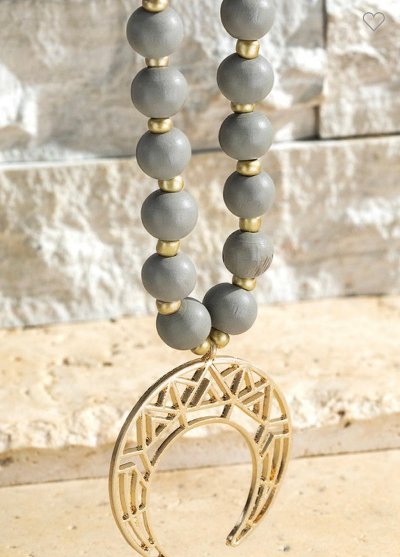 Grey Wooden Bead Necklace With Horn Pendent